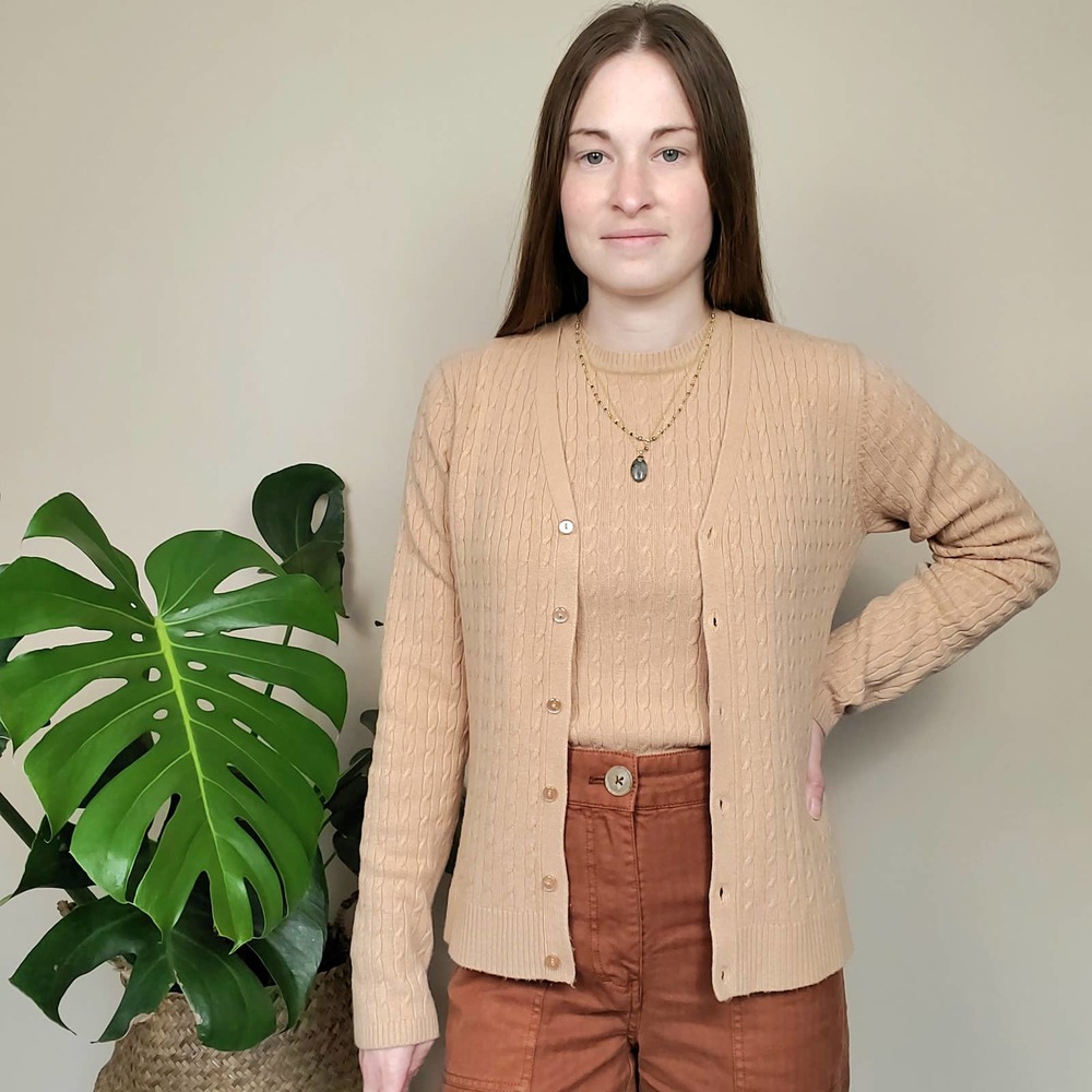 Vintage Y2K Tan Cable Knit Tanktop & Cardigan 2 Piece Set Womens Medium